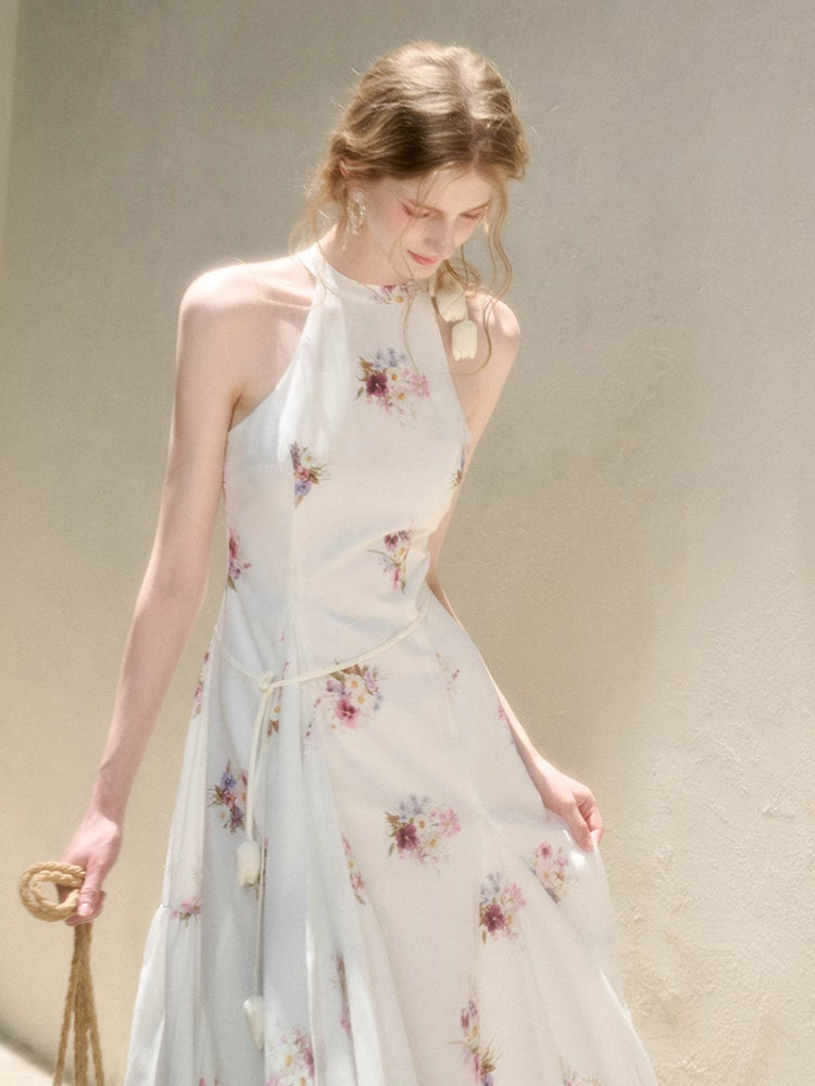Halter Neck Printed Square Scarf Long Dress