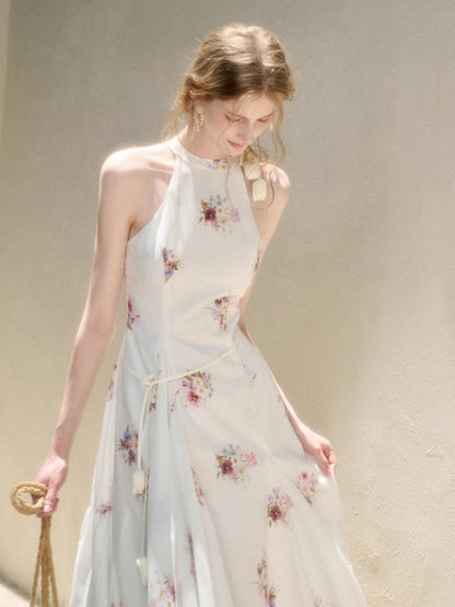 Halter Neck Printed Square Scarf Long Dress