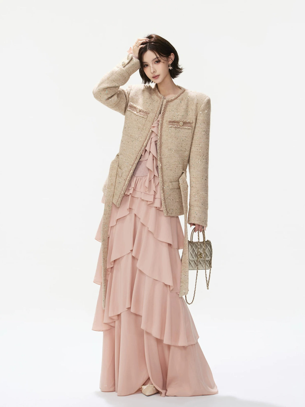 Sequin Tweed Tie Waist Jacket