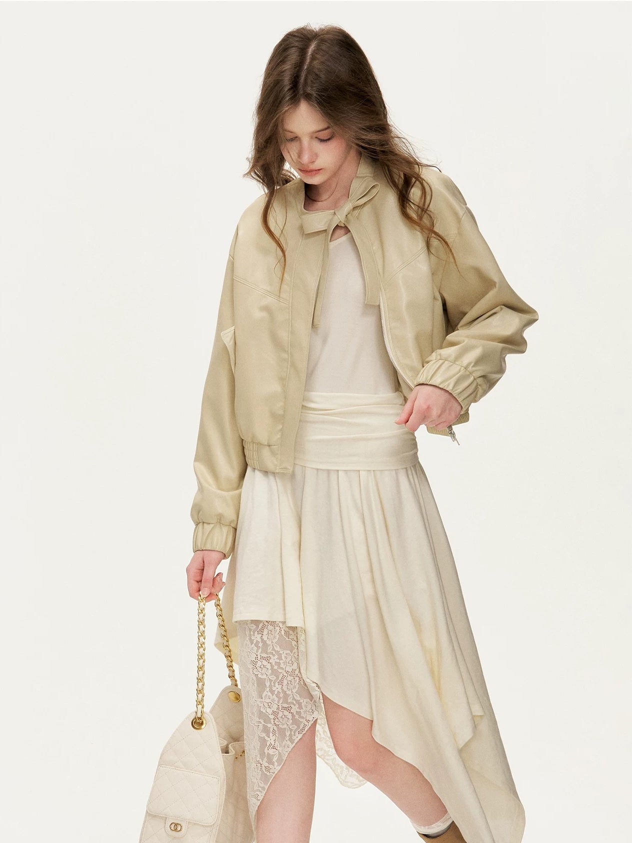 Apricot Lace Ruched Dress