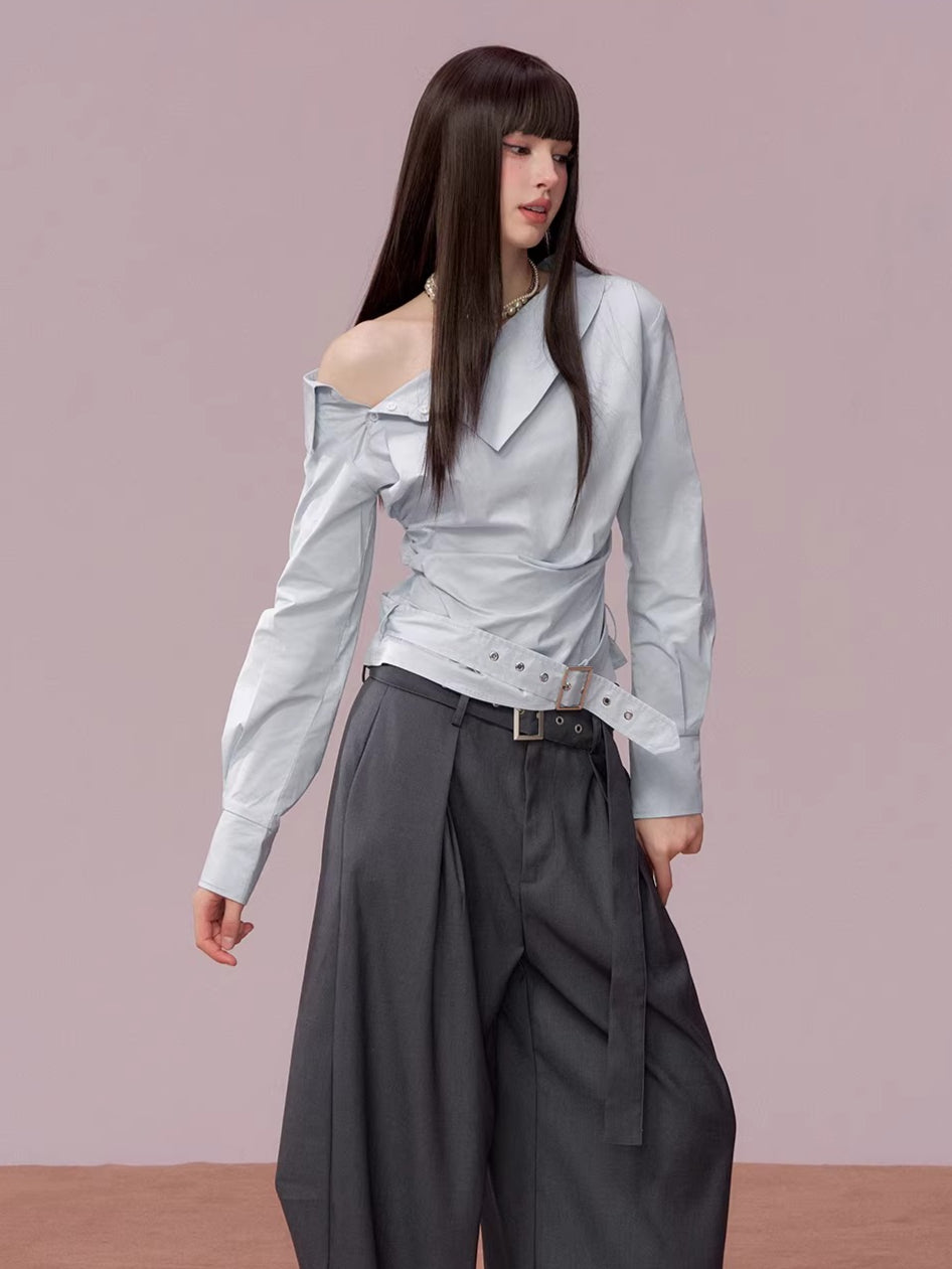 Asymmetrical Ruched Belt Shirt