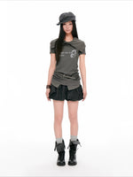 Vintage Drawstring Collar Graphic T-Shirt