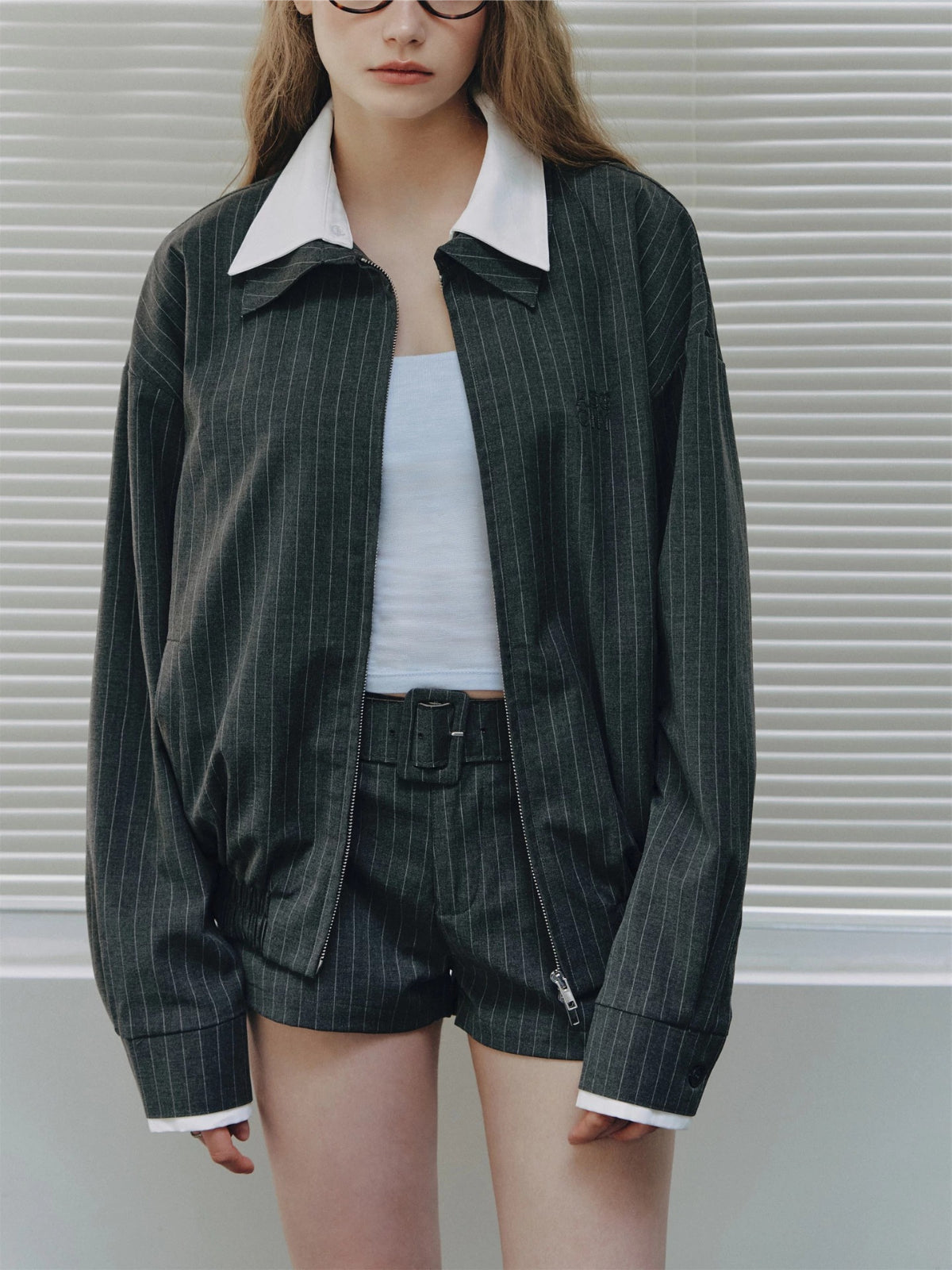 Spliced Jacket &amp; Striped Suit Shorts Set