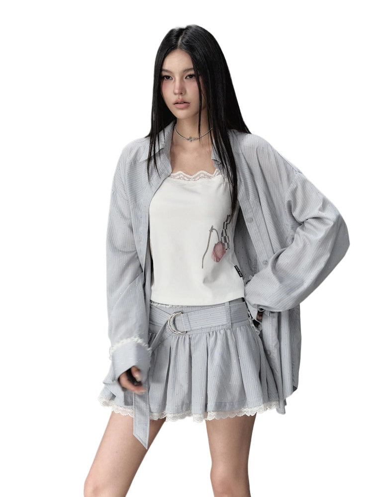 Shiny Rhinestone Striped Lace Patchwork Shirt & Skirt