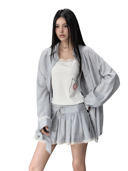 Shiny Rhinestone Striped Lace Patchwork Shirt &amp; Skirt