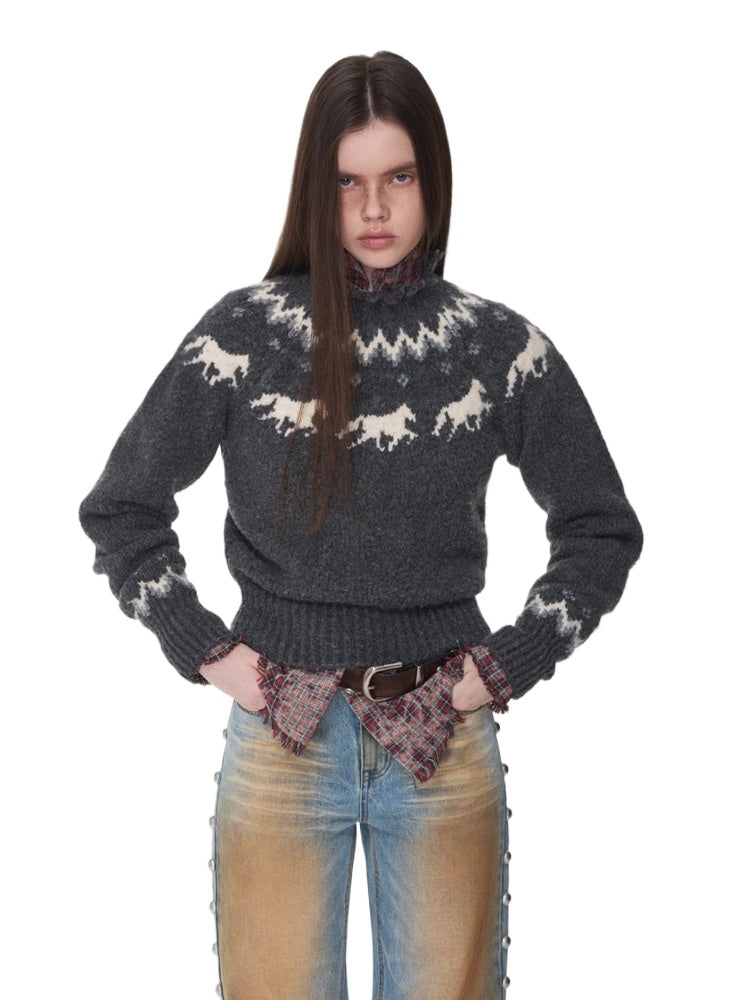 Fair Isle Pony Jacquard Chunky Knit Sweater