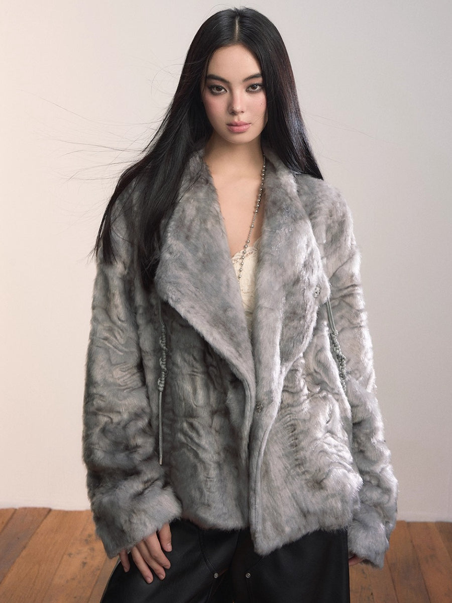 Textured Custom Large Notch Collar Faux Fur Coat