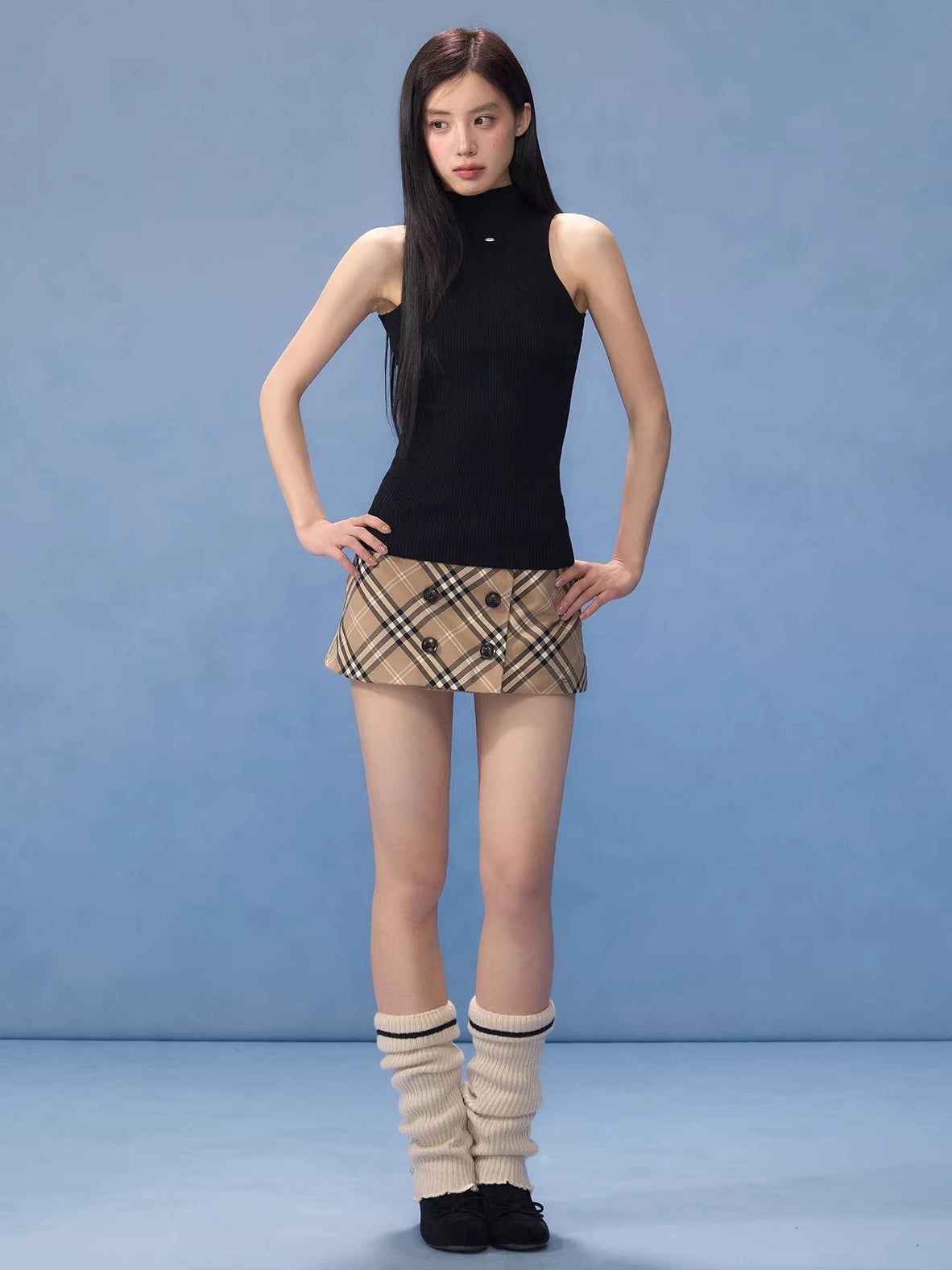 Black Mock-neck Top &amp; Plaid Skirt Set