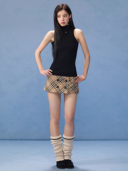 Black Mock-neck Top &amp; Plaid Skirt Set