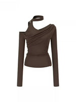 Asymmetrical Ribbon Off-Shoulder Knit Tee