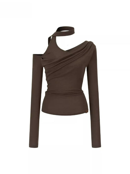 Asymmetrical Ribbon Off-Shoulder Knit Tee