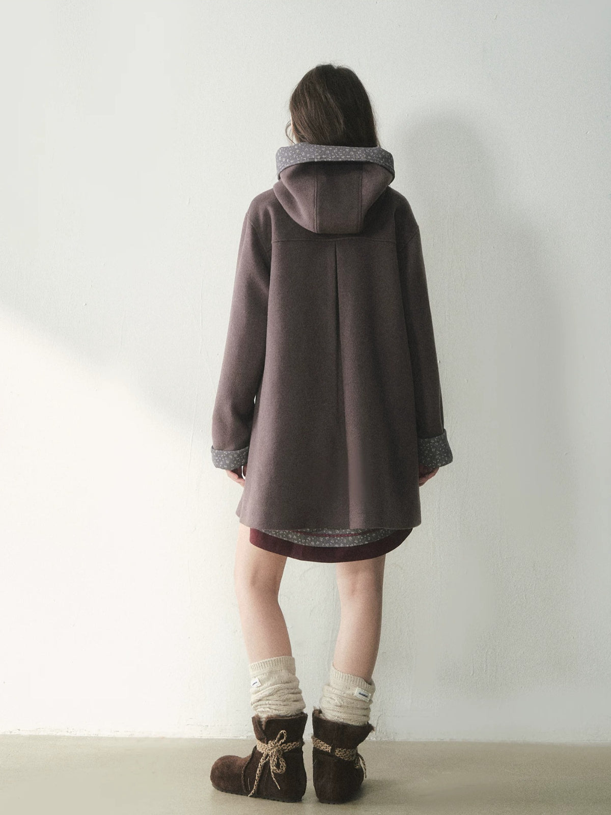 Double-Breasted Floral Hooded Wool Coat