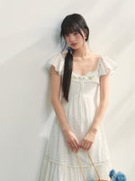 White Square Neck Hollow Embroidered Dress