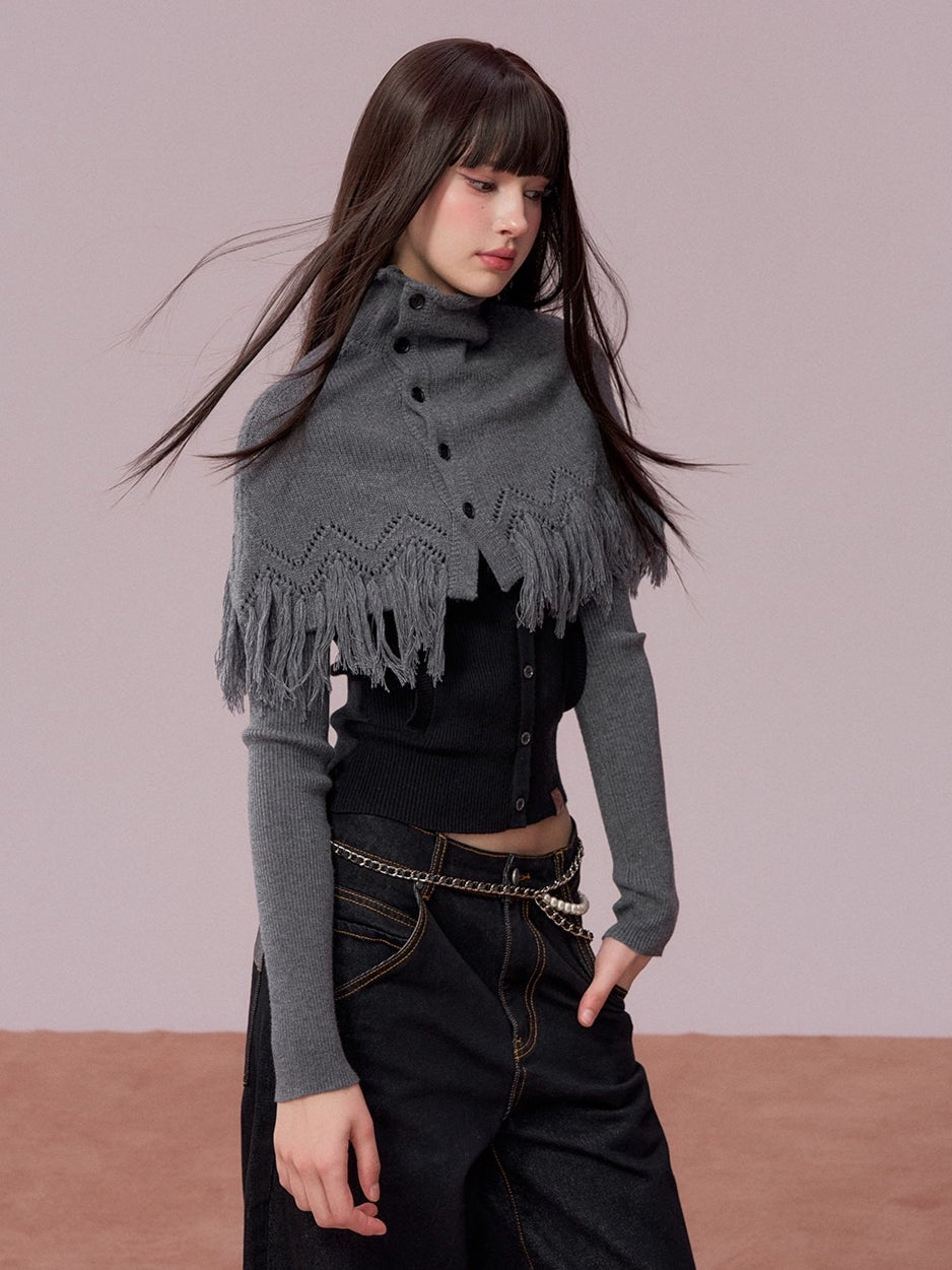 Color-Block High Neck Knit Top &amp; Fringe Cape Set