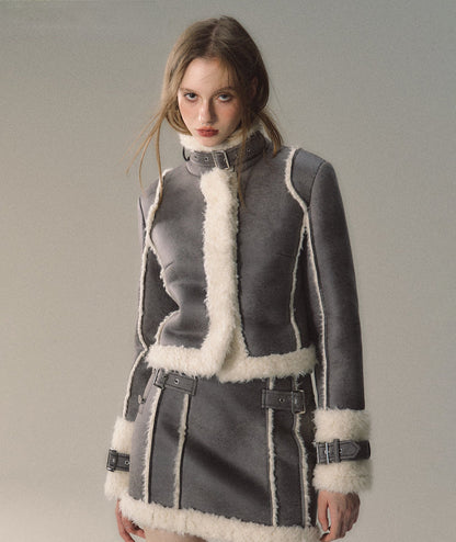 Grey Short Plush Shearling Jacket &amp; Skirt Set