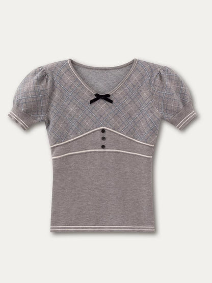 Plaid Bow Knit Top