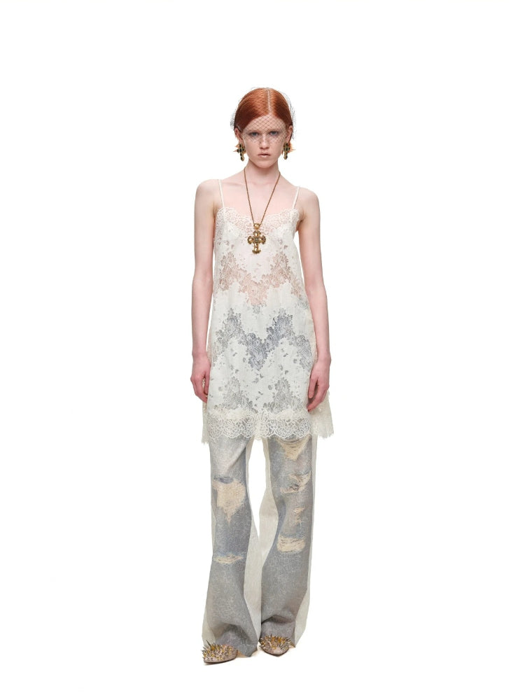 Lace Printed Wide Leg Jeans