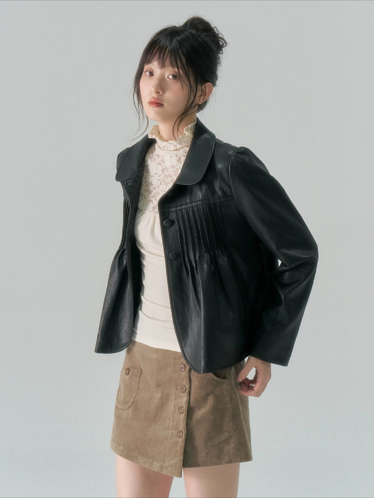 Pleated Curved-Hem Leather Jacket