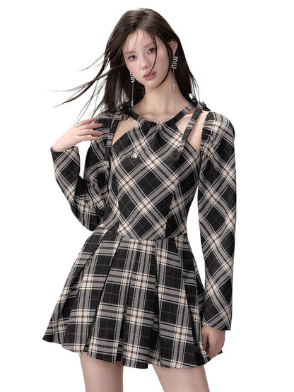 Black Plaid A-line Halter Mini Dress