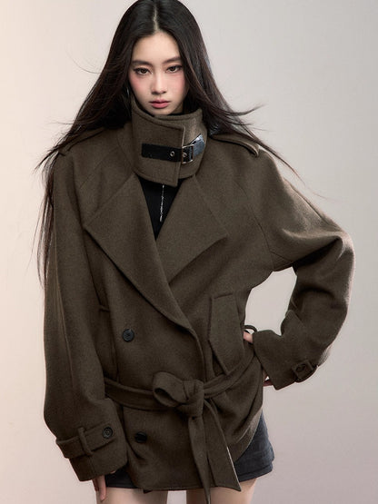 High-Neck Belted Wool Coat