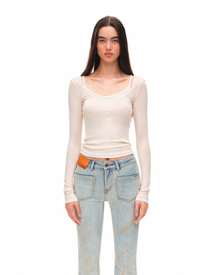 Color-block Two-piece Integrated Strap Layered T-shirt Top