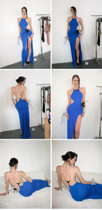 Blue Cross-Back Halter Maxi Dress