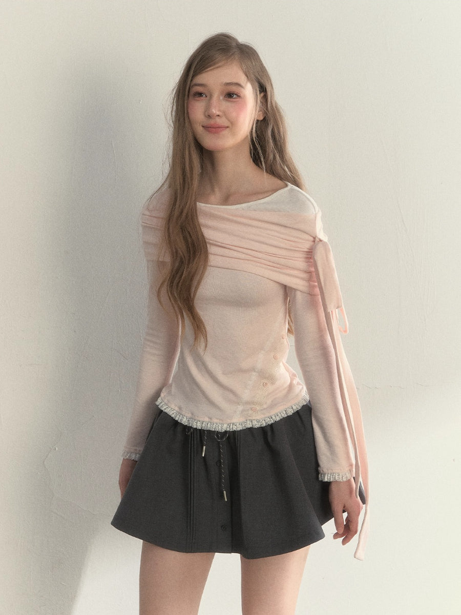 “Ribbon Shoulder” Off-Shoulder Knit Top