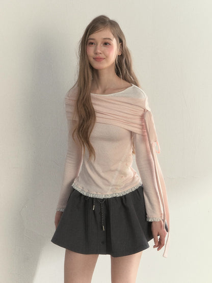 “Ribbon Shoulder” Off-Shoulder Knit Top
