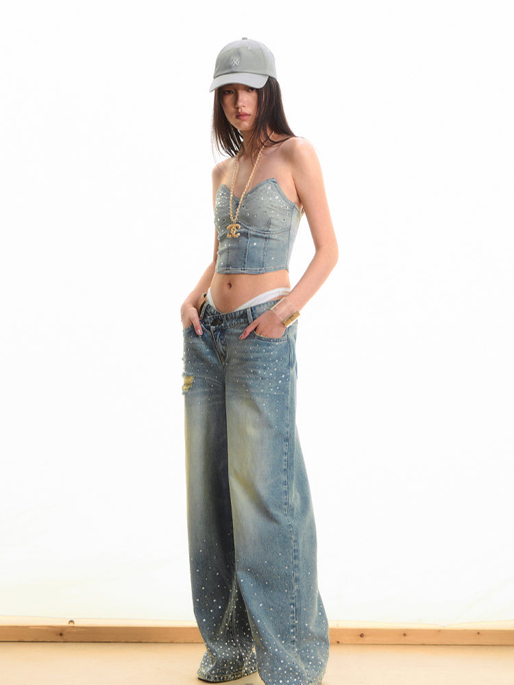 Washed Rhinestone Straight-Leg Wide-Leg Pants