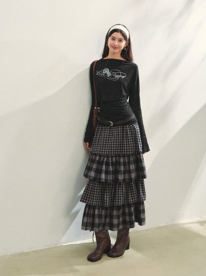 Plaid Patchwork Lace Waist Layered Cake Skirt