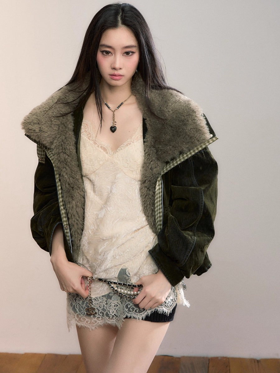 Velvet Denim Oversized Fur Collar Down Jacket