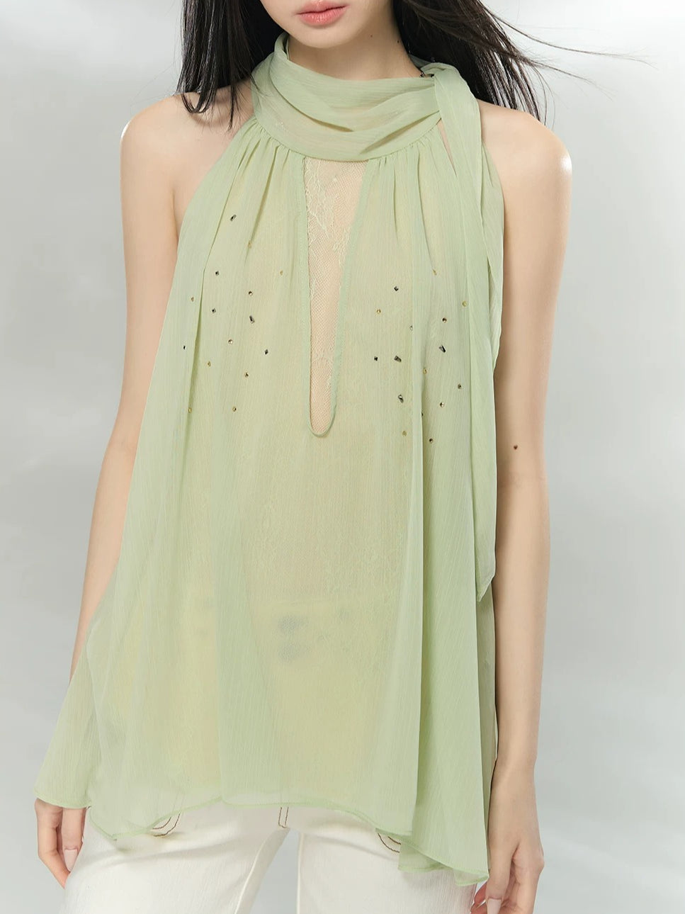 Sheer Rhinestone Chiffon Top