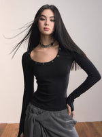 Studded Asymmetric U-Neck Long Sleeve Knit Top