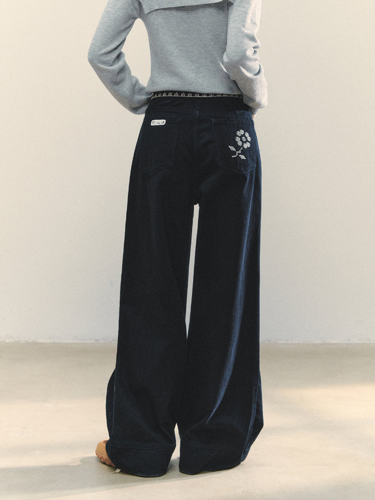 Cross-Stitch Floral Wide-Leg Pants