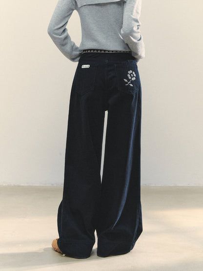 Cross-Stitch Floral Wide-Leg Pants