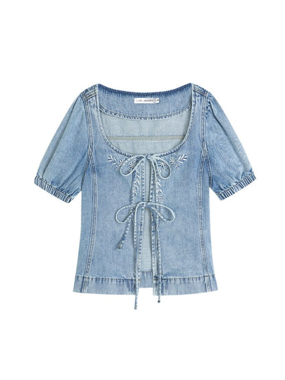 Embroidered Floral Denim Top &amp; Skort Set