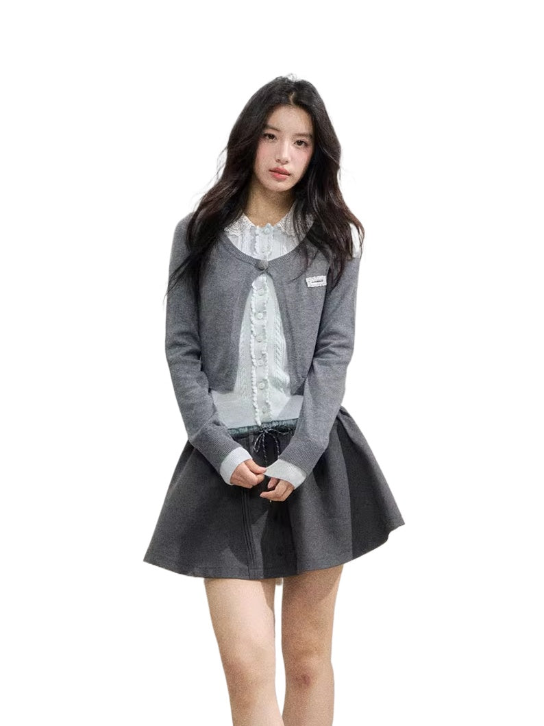 Lace Collar Fake Two-piece Cardigan