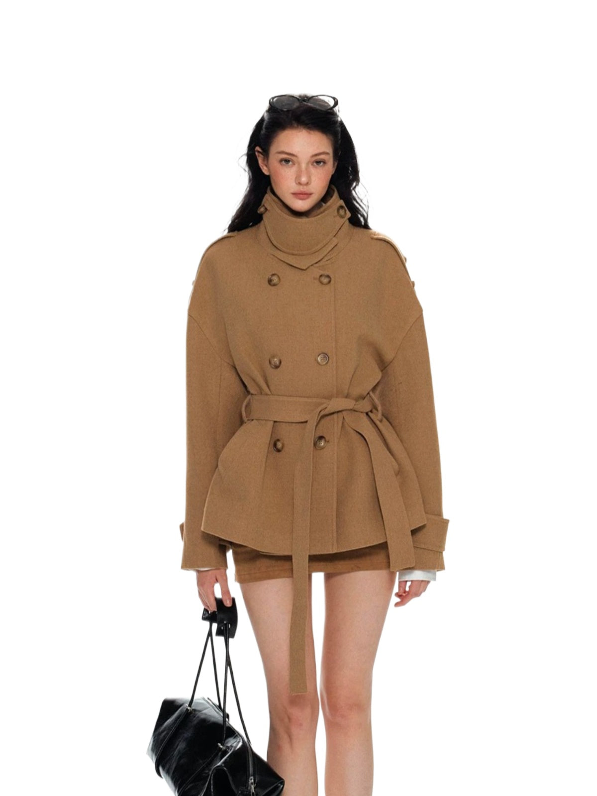 Wool Double Breasted Belted Short Coat