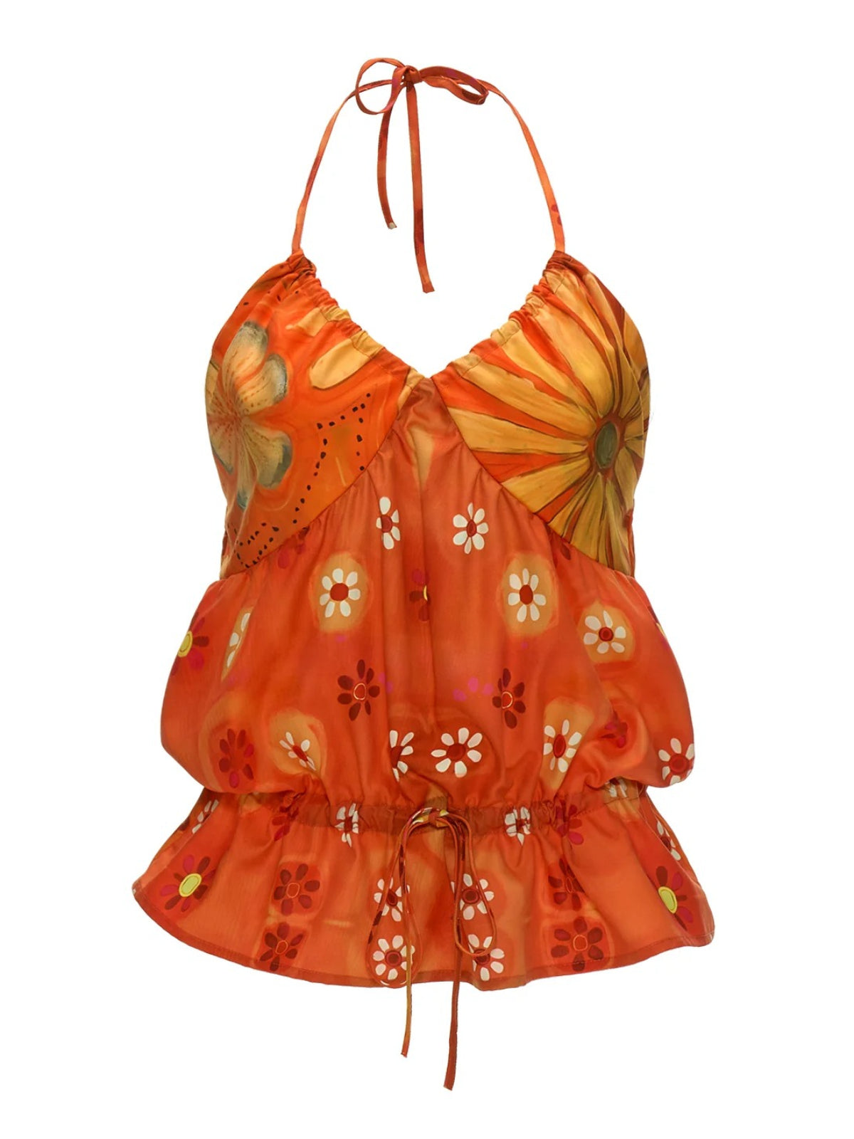 Orange Floral Drawstring Halter Top