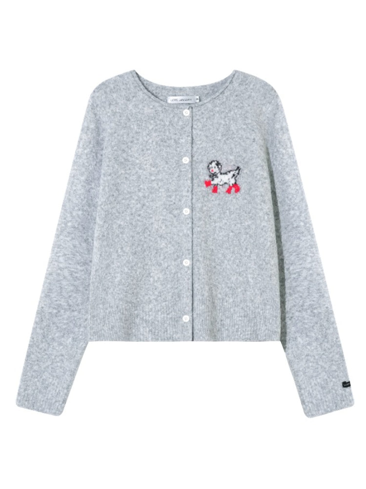 Crew Neck Dalmatian Jacquard Knit Cardigan