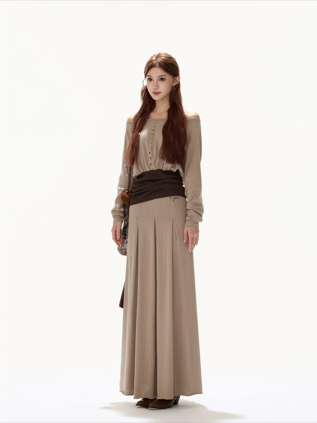Khaki Off Shoulder Draped Top &amp; Skirt Set