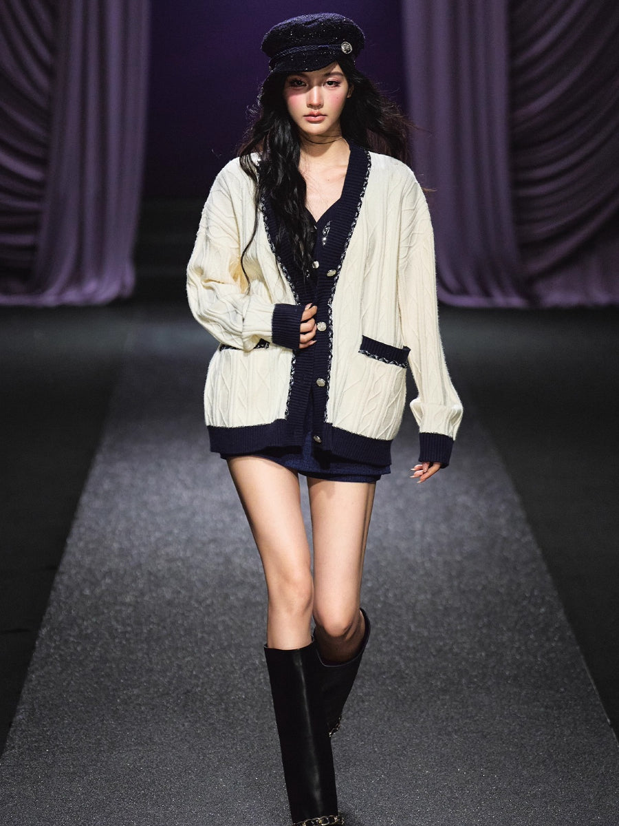 Contrast-Trim Knit Cardigan &amp; Vest Set