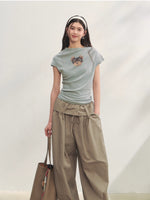 Elastic Pleated Crew Neck T-shirt