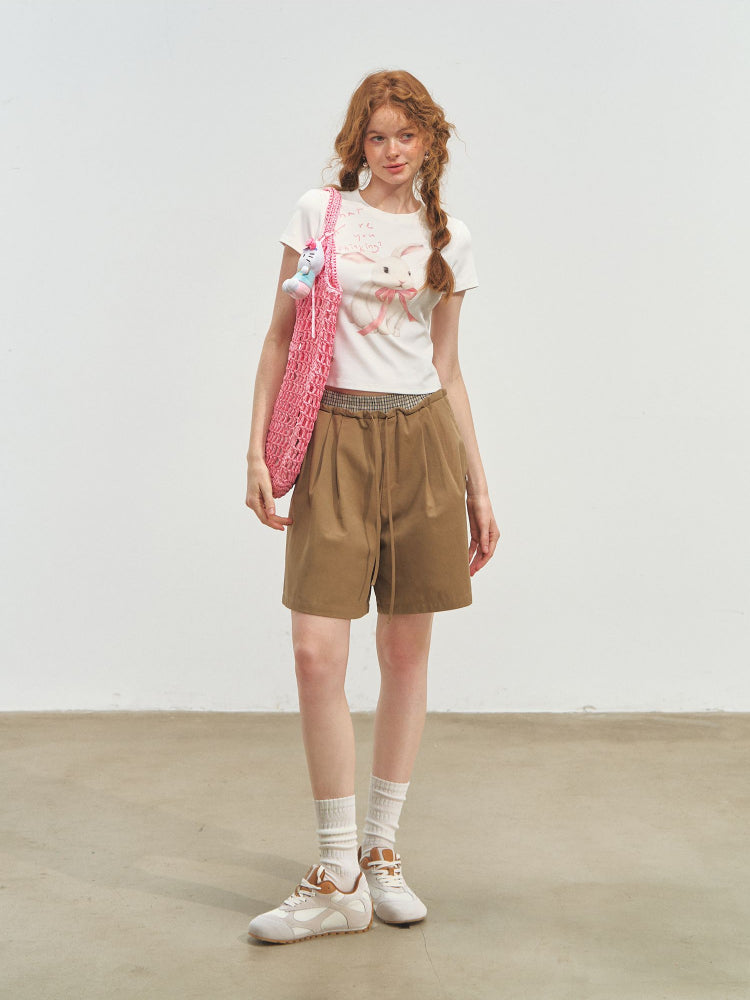 Fake Two-Piece Elastic-Waist Knee-Length Pants