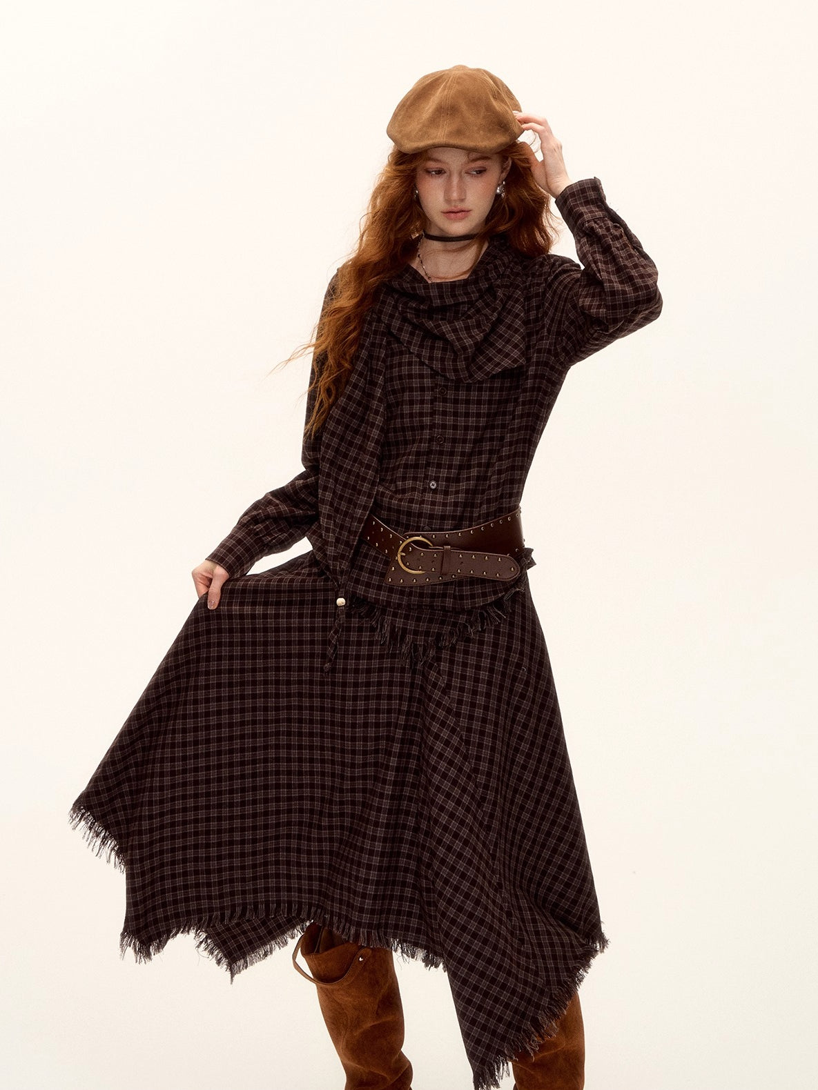 Frayed Hem Plaid Studded Belt Asymmetric A-Line Midi Skirt