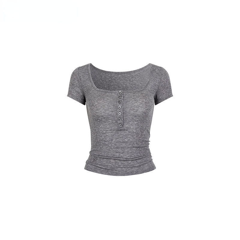 Black &amp; Grey Henley Collar Embroidered T-Shirt