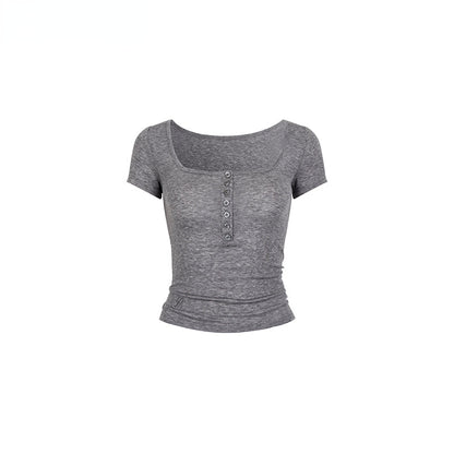 Black &amp; Grey Henley Collar Embroidered T-Shirt