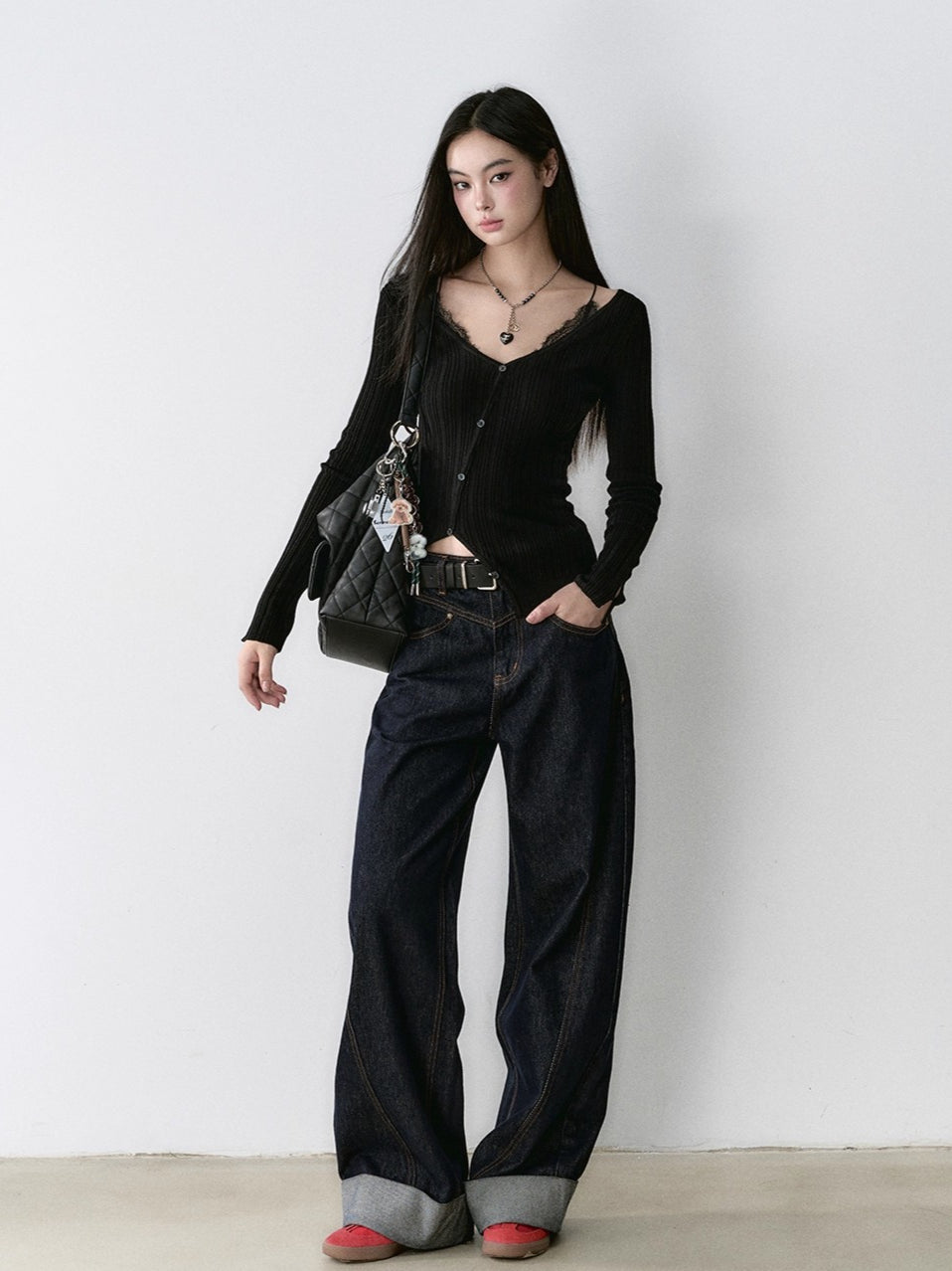 Dark Blue Raw-Hem Wide-Leg Denim Pants