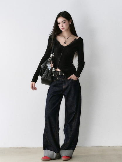 Dark Blue Raw-Hem Wide-Leg Denim Pants