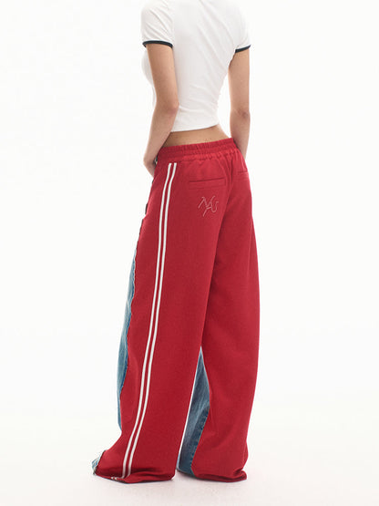 Elastic-Waist Color-Blocked Wide-Leg Pants